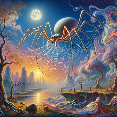 The primary subject of the image is a giant spider with a round head, sitting on a web in the middle of a forest. The setting is a forest with a lake nearby, and the visual style is a digital art or illustration. The colors and mood of the image are vibrant and lively, with a focus on the spider and its web.